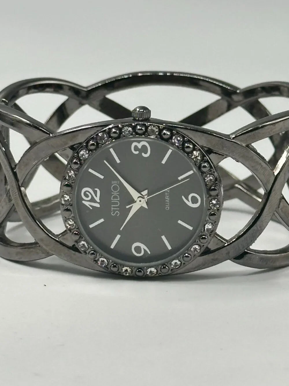 3/$30 Studio Time Watch Women Black Crystal Bezel Clamper Cuff Band 6.75